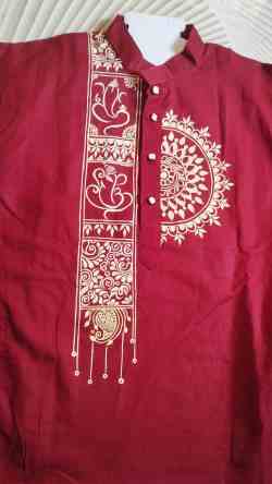 Hand Printed Cotton panjabi; Red color