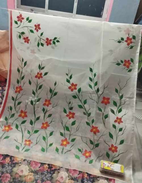 Handprinted cotton white saree